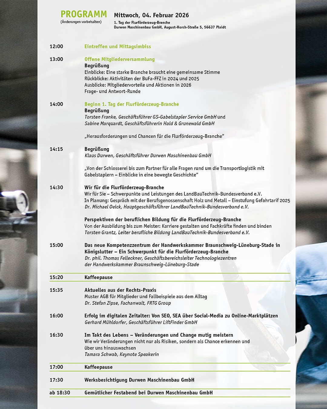 Save the Date!
Am 4. und 5. Februar 2026 sind wir Gastgeber des 1. Tags der Flurförderzeug-Branche in Zusammenarbeit mit dem LandBauTechnik-Bundesverband e.V..
Freuen Sie sich auf spannende Vorträge, Networking und eine exklusive Werksbesichtigung bei Durwen in Plaidt.
👉 Jetzt anmelden:
https://www.landbautechnik.de/1-tag-der-flurfoerderzeug-branche-seien-sie-dabei/
@starke_typen