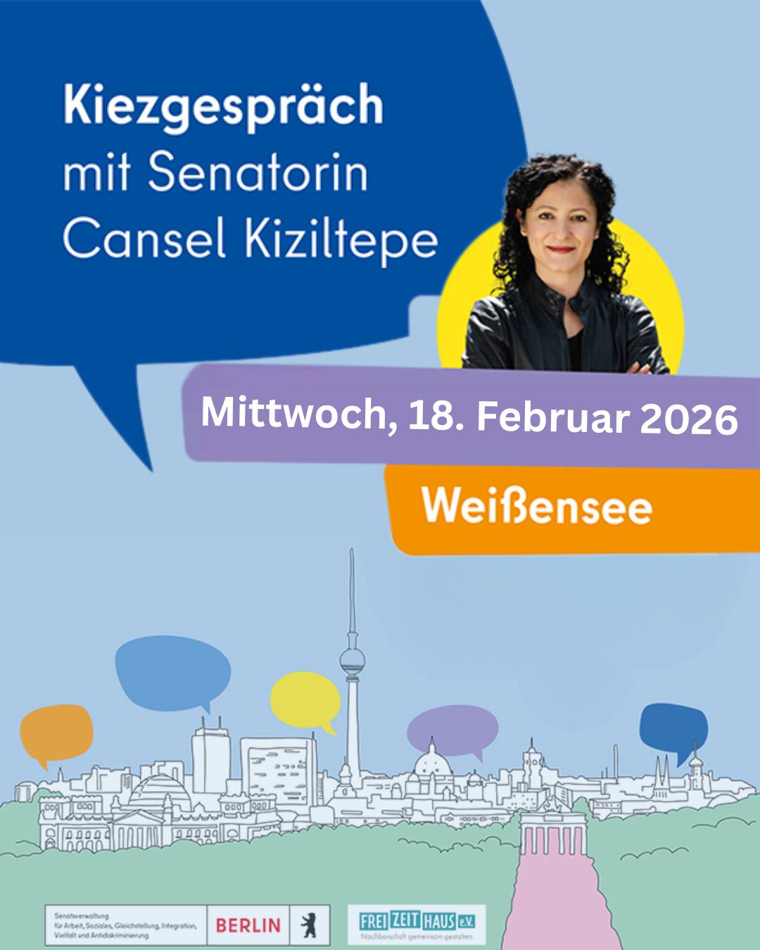 Kiezgespräch im Stadtteilzentrum Weißensee: Seien Sie dabei und sprechen Sie mit der Sozialsenatorin und weiteren Bürger*innen über Wandel und Wachstum in Weißensee. Wie Wie Nächsten Mittwoch, den 18. Februar kommt Sozialsenatorin Cansel Kiziltepe in unser Stadtteilzentrum. Wie sorgen wir für Zusammenhalt und Teilhabe für alle – Junge, Ältere, Alteingesessene, neu Hinzugezogene? Und welche Rahmenbedingungen muss die Politik dafür schaffen?
Bei großem Zulauf werden angemeldete Personen bevorzugt eingelassen. Daruzm empfehlen wir eine Anmeldung per Email an info@frei-zeit-haus.de
#freizeithaus #freizeithausev #stadtteilzentrumweissensee # stadtteilzentrum #demokratie #weißensee #mitbestimmung #kiezgespräch #bürgerbeteiligung #