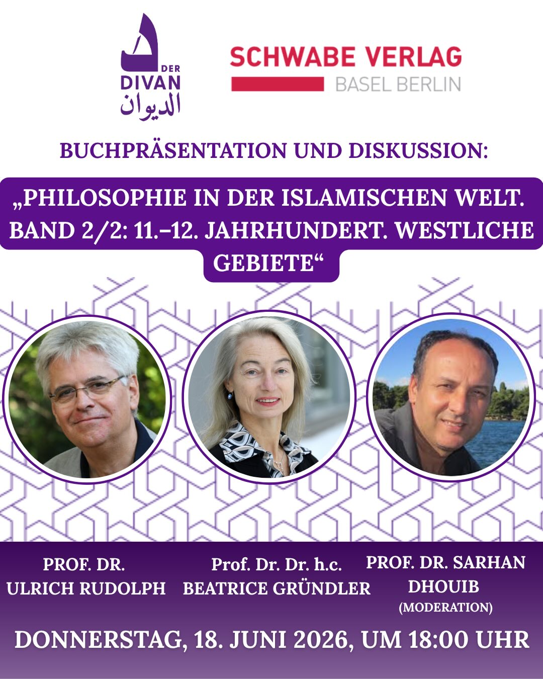 📚 Buchpräsentation & Diskussion
„Philosophie in der islamischen Welt. Band 2/2: 11.–12. Jahrhundert. Westliche Gebiete“
Der Divan – Das Arabische Kulturhaus lädt gemeinsam mit dem Schwabe Verlag zu einem besonderen Abend rund um die Geschichte der Philosophie in der islamischen Welt ein.
Im Mittelpunkt steht der neu erschienene Band über al-Andalus und den Maghreb sowie bedeutende Denker wie Ibn Bāǧǧa, Ibn Ṭufail und Ibn Rušd (Averroes). Zudem wird die jüdische Philosophie im islamischen Kulturraum sowie der Einfluss arabischer Philosophie auf Europa thematisiert.
Mit:
• Prof. Dr. Ulrich Rudolph
• Prof. Dr. Dr. h.c. Beatrice Gründler
Moderation: Prof. Dr. Sarhan Dhouib
📅 Donnerstag, 18.06.2026
🕕 18:00 Uhr
📍 Der Divan – Das Arabische Kulturhaus
Schützallee 27, 14169 Berlin
🗣 Sprache: Deutsch & Arabisch
🎧 Mit simultaner Übersetzung
Anmeldung über den Link im Bio
Wir freuen uns auf einen inspirierenden Abend voller Austausch, Diskussion und spannender Einblicke.
📚 تقديم كتاب ونقاش
«الفلسفة في العالم الإسلامي – الجزء 2/2: القرنان الحادي عشر والثاني عشر، الأقاليم الغربية»
يدعوكم الديوان – البيت الثقافي العربي بالتعاون مع دار نشر Schwabe إلى أمسية مميزة حول تاريخ الفلسفة في العالم الإسلامي.
تتمحور الفعالية حول الإصدار الجديد الذي يتناول الأندلس والمغرب وأبرز الفلاسفة مثل ابن باجة وابن طفيل وابن رشد، إضافة إلى الفلسفة اليهودية في الفضاء الإسلامي وتأثير الفلسفة العربية على أوروبا اللاتينية.
بمشاركة:
• البروفيسور أولريش رودولف
• البروفيسورة بياتريس غروندلر
إدارة الحوار: البروفيسور سرحان ذويب
📅 الخميس 18.06.2026
🕕 الساعة 18:00
📍 الديوان – البيت الثقافي العربي
🗣 باللغتين الألمانية والعربية
🎧 مع ترجمة فورية
التسجيل عبر الرابط في البيو
بانتظار أمسية ثرية بالنقاش والحوار والتبادل الفكري. 📚 Buchpräsentation & Diskussion
„Philosophie in der islamischen Welt. Band 2/2: 11.–12. Jahrhundert. Westliche Gebiete“
Der Divan – Das Arabische Kulturhaus lädt gemeinsam mit dem Schwabe Verlag zu einem besonderen Abend rund um die Geschichte der Philosophie in der islamischen Welt ein.
Im Mittelpunkt steht der neu erschienene Band über al-Andalus und den Maghreb sowie bedeutende Denker wie Ibn Bāǧǧa, Ibn Ṭufail und Ibn Rušd (Averroes). Zudem wird die jüdische Philosophie im islamischen Kulturraum sowie der Einfluss arabischer Philosophie auf Europa thematisiert.
Mit:
• Prof. Dr. Ulrich Rudolph
• Prof. Dr. Dr. h.c. Beatrice Gründler
Moderation: Prof. Dr. Sarhan Dhouib
📅 Donnerstag, 18.06.2026
🕕 18:00 Uhr
📍 Der Divan – Das Arabische Kulturhaus
Schützallee 27, 14169 Berlin
🗣 Sprache: Deutsch & Arabisch
🎧 Mit simultaner Übersetzung
Anmeldung über den Link im Bio
Wir freuen uns auf einen inspirierenden Abend voller Austausch, Diskussion und spannender Einblicke.
📚 تقديم كتاب ونقاش
«الفلسفة في العالم الإسلامي – الجزء 2/2: القرنان الحادي عشر والثاني عشر، الأقاليم الغربية»
يدعوكم الديوان – البيت الثقافي العربي بالتعاون مع دار نشر Schwabe إلى أمسية مميزة حول تاريخ الفلسفة في العالم الإسلامي.
تتمحور الفعالية حول الإصدار الجديد الذي يتناول الأندلس والمغرب وأبرز الفلاسفة مثل ابن باجة وابن طفيل وابن رشد، إضافة إلى الفلسفة اليهودية في الفضاء الإسلامي وتأثير الفلسفة العربية على أوروبا اللاتينية.
بمشاركة:
• البروفيسور أولريش رودولف
• البروفيسورة بياتريس غروندلر
إدارة الحوار: البروفيسور سرحان ذويب
📅 الخميس 18.06.2026
🕕 الساعة 18:00
📍 الديوان – البيت الثقافي العربي
🗣 باللغتين الألمانية والعربية
🎧 مع ترجمة فورية
التسجيل عبر الرابط في البيو
بانتظار أمسية ثرية بالنقاش والحوار والتبادل الفكري.