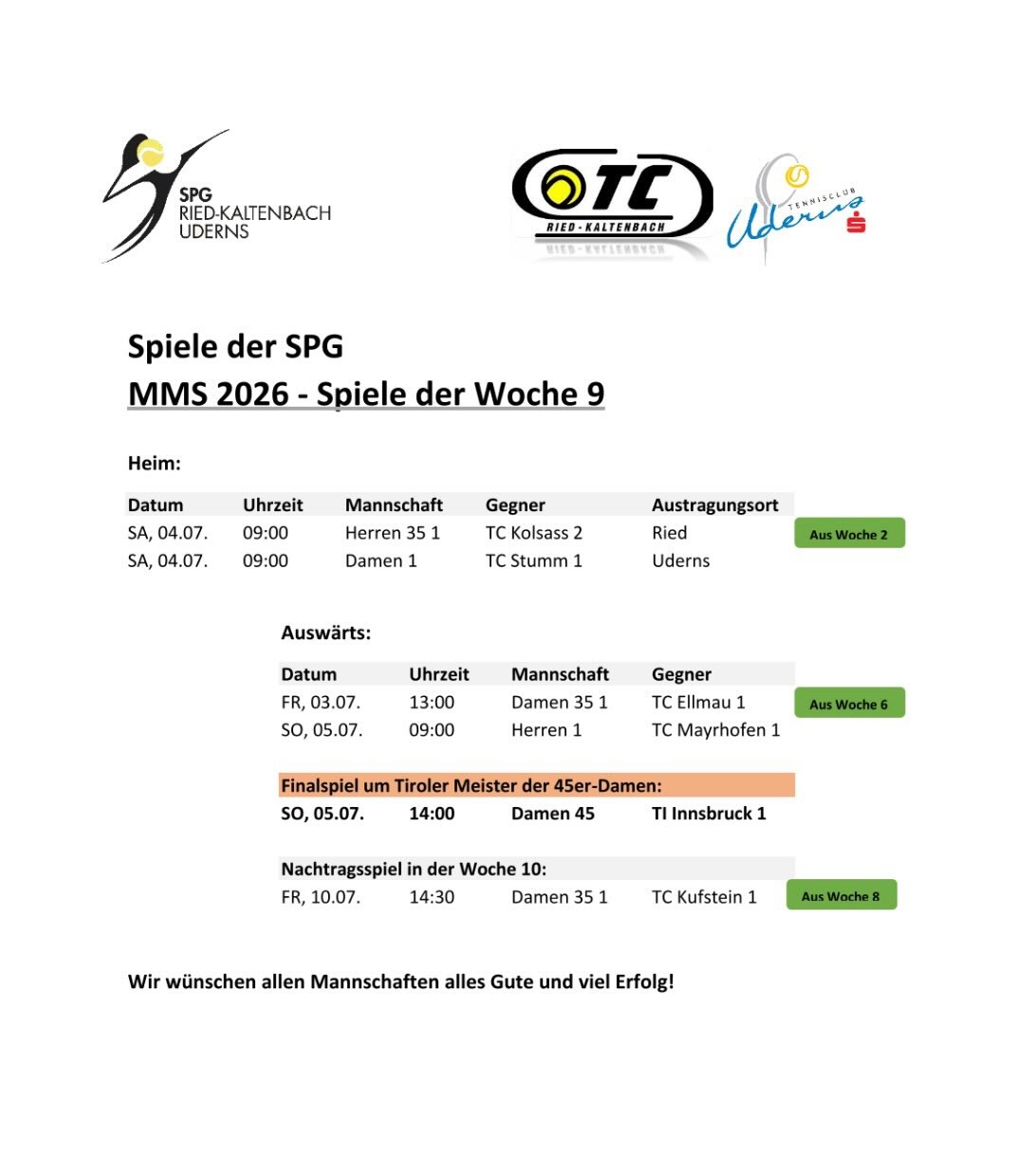 Vorschau MMS Woche 9 🎾In der Woche 9 spielen die Allgemeinen Mannschaften noch die letzte Run....