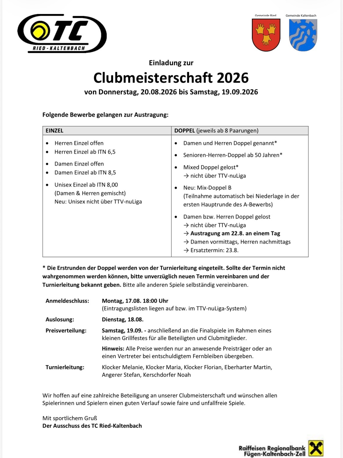 Clubmeisterschaft 2026 🎾Wir freuen uns auf viele Anmeldungen! 😍