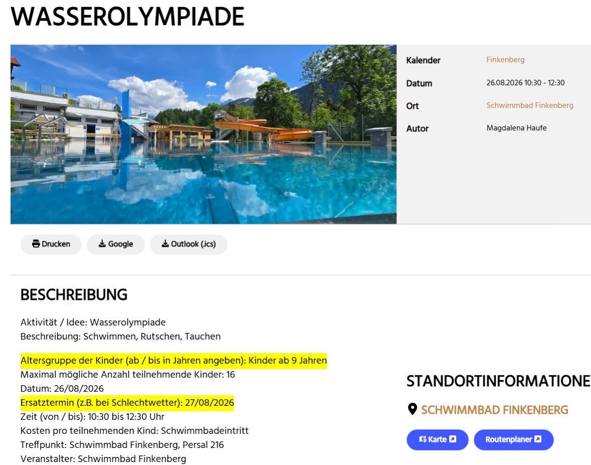 Wasserolympiade im Finkenberger Schwimmbad. Es gibt noch freie Plätze. Meldet euch noch an!🏊☀