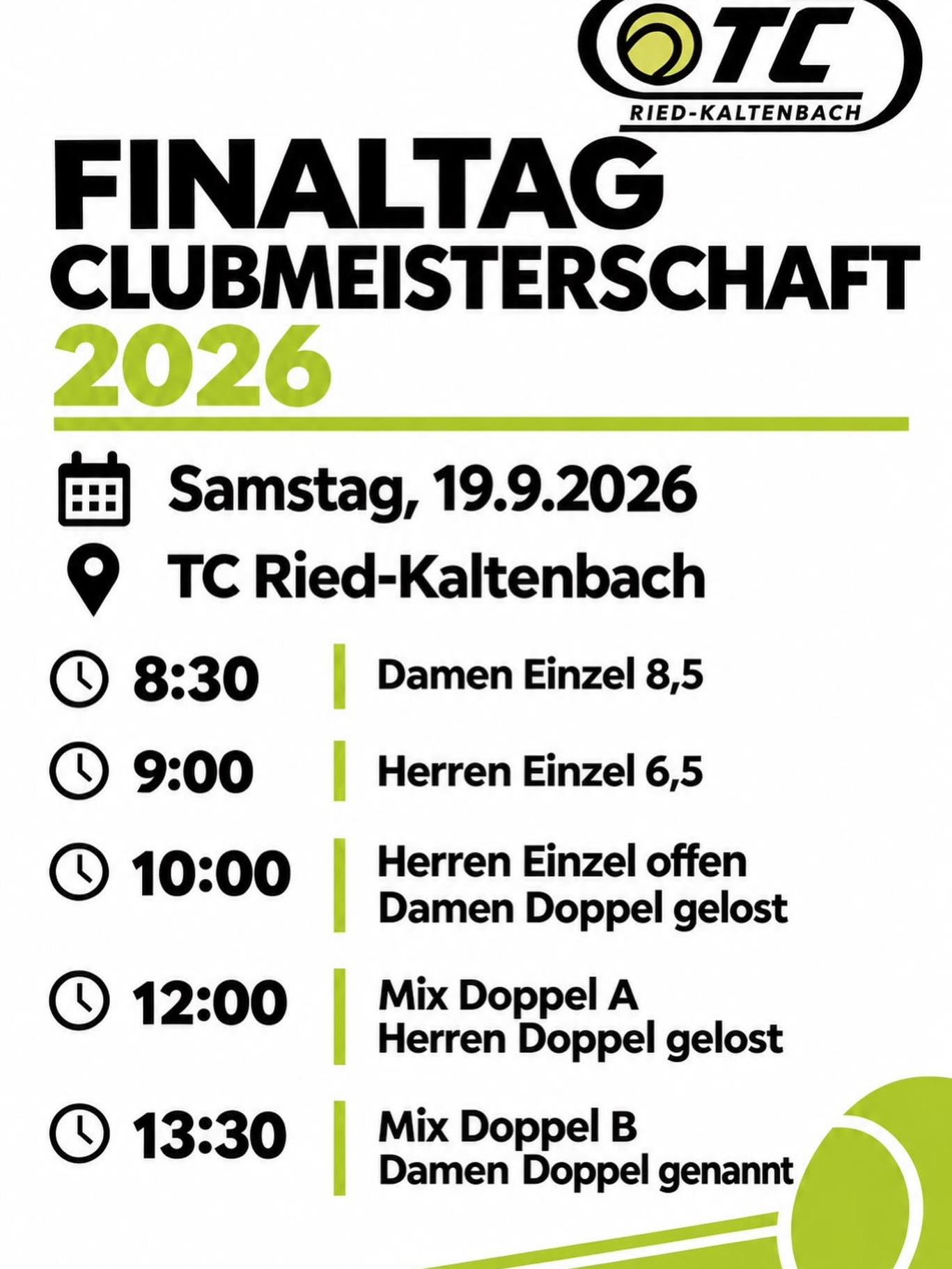 Finale Clubmeisterschaft 2026 🎾Wir freuen uns auf viele Zuschauer, Fans und vor allem auf lä....